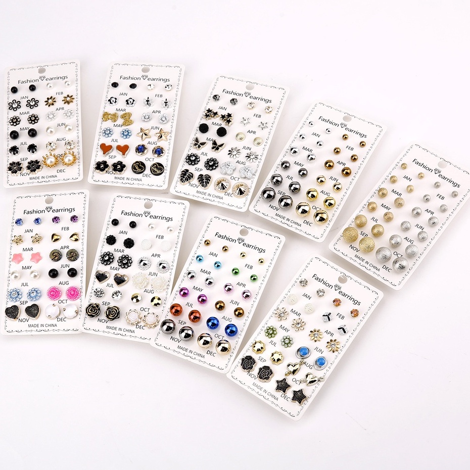 12 Pasang Anting Stud Bentuk Bunga Mawar Kupu-Kupu Aksen Mutiara Kristal Berlian Warna Campur butterfly