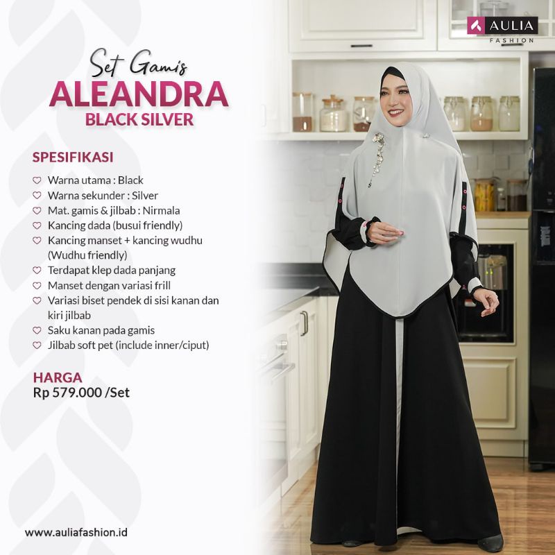 Set gamis Aleandra black silver ori Aulia fashion busana muslimah syari gamis plus khimar baju setel