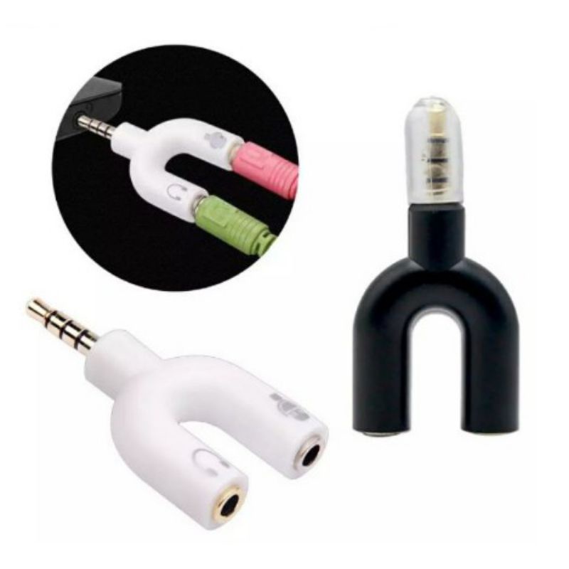 Audio Splitter U Shape 2in1 Jack 3.5mm to Dual Female Headset + Mic 2 Lubang Colokan Microphone hp