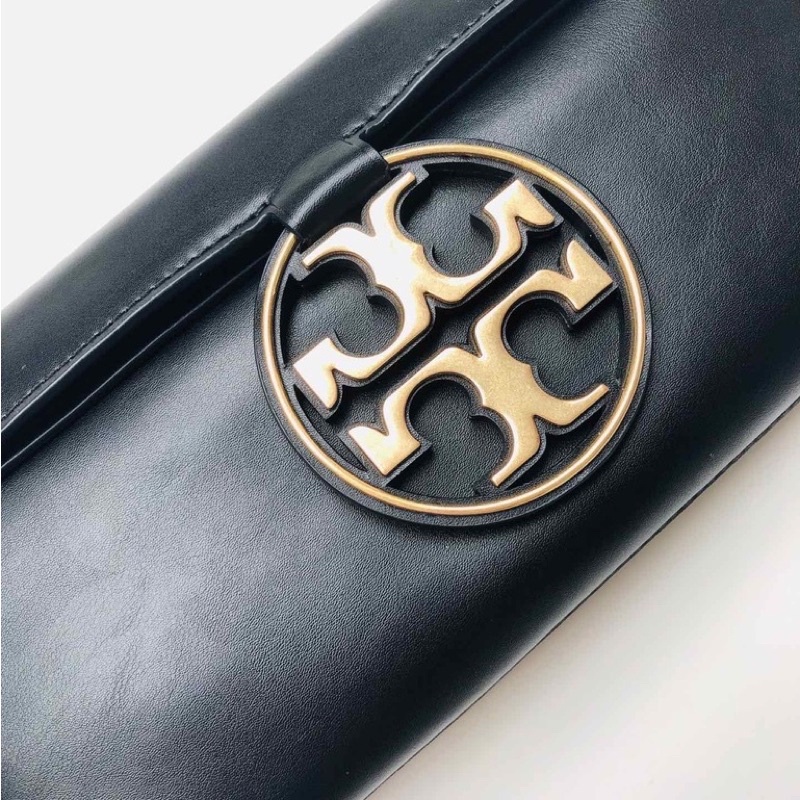 Tory Burch Clutch Hand Bag Black Gold Logo TB 062