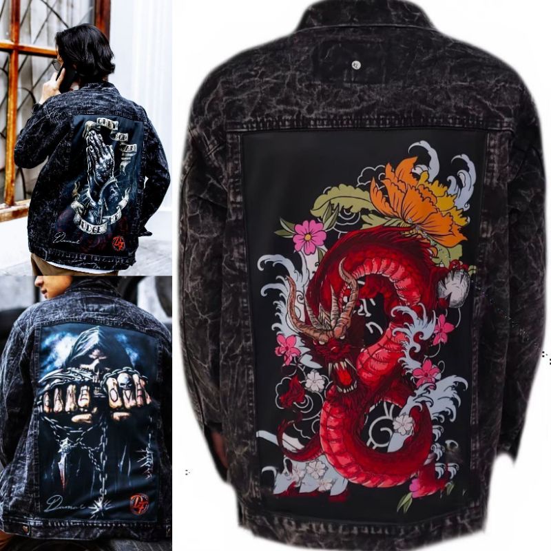 JAKET JEANS GAMBAR BELAKANG DENIM PRIA PRINT FULL PATCH EMBLEM PREMIUM JACKET SOBEK COWOK JEKET NAGA