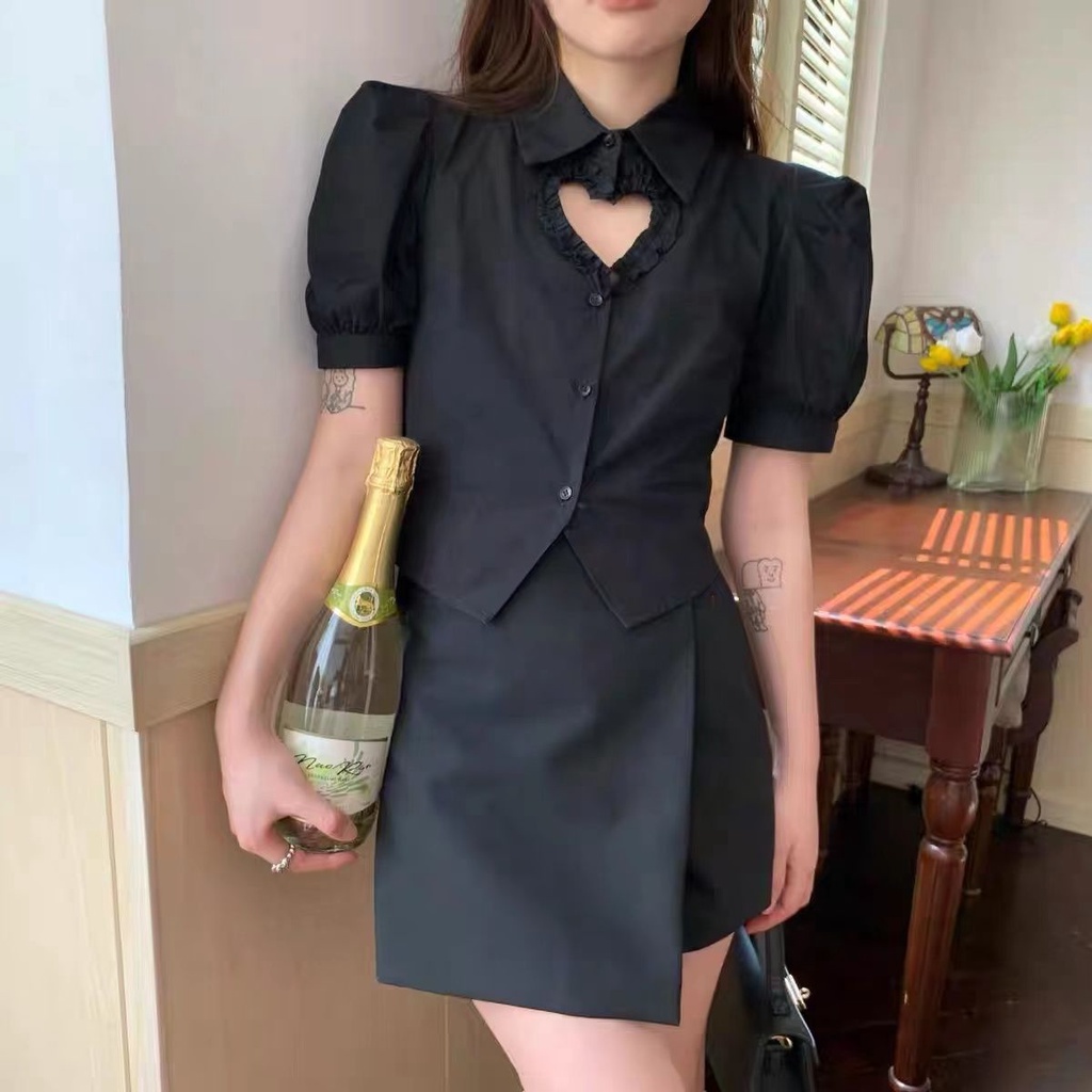 [✅BISA COD]  #Sisjuly# Kemeja berongga wanita baru, wanita cantik, tipis dan pendek, atasan angin kelompok, mahasiswi lenga