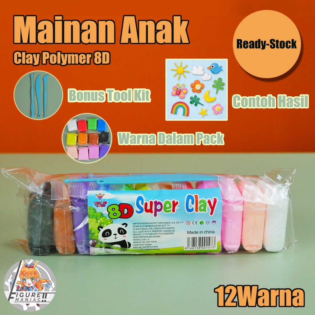 Mainan Anak - Clay Polymer Super 8D 1 Pack isi 12 Warna Mainan Edukasi Lilin Plastisin