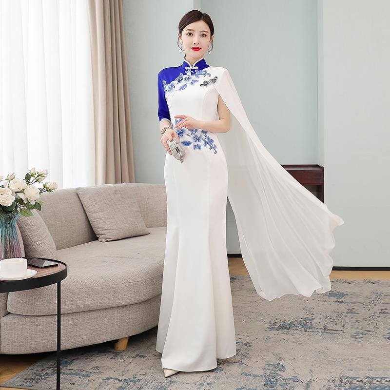 New Chinese style long dress banquet evening dress model walk show group performance dress celebrati