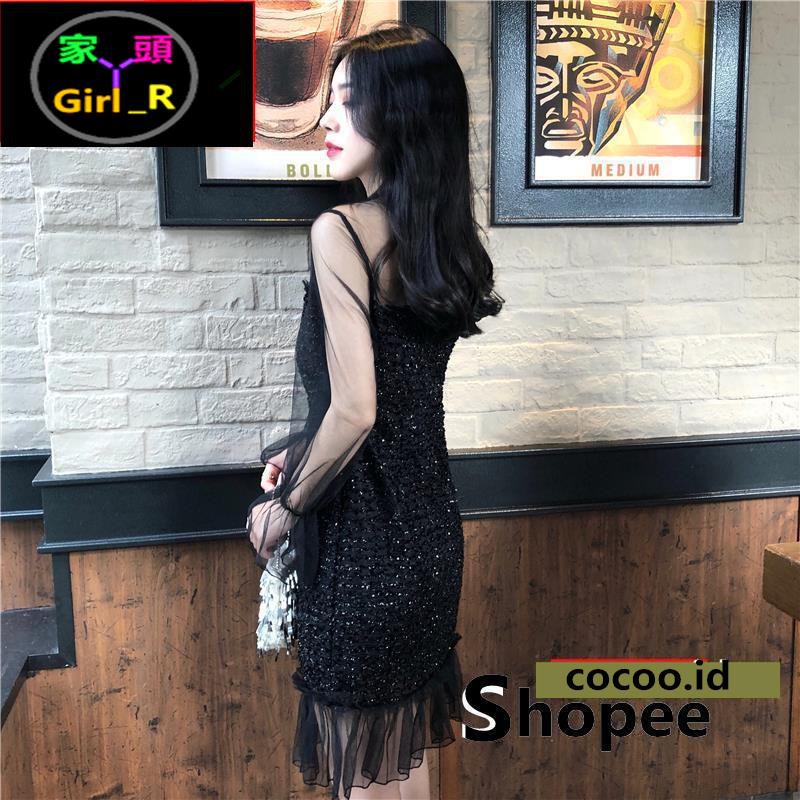 GIRLMAID Dress Selutut Model Hongkong/Korea Sexy Lengan Panjang Terompet Aksen Lace untuk Wanita