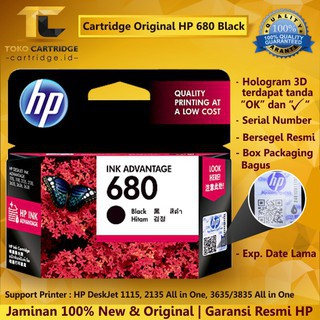 Cartridge Tinta HP 680 Black NEW ORIGINAL catridge F6V27AA hitam Printer HP 1115 2135 3635 3835 4535