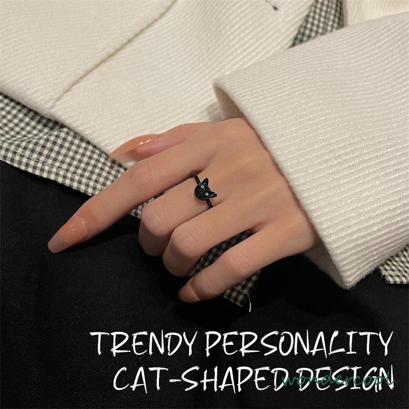 Cincin Kucing Hitam Wanita Trendi Desain Niche Cincin Jari Telunjuk Fashion Kepribadian Cincin-Won