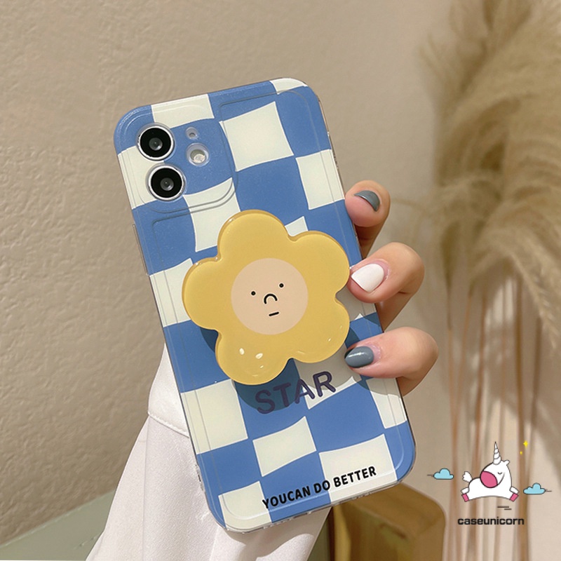 3D Flower Popsocket Soft Tpu Phone Case for iPhone 7 8 plus iPhone 11 12 13 pro max XS Max XR X 6 6s 7 8 plus SE 2020 Blue Grid Shockproof Phone Case