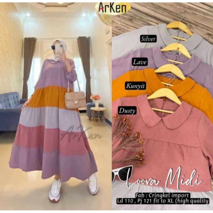 Gamis Loora Midi - Gamis Terbaru Rayon Premium Dress Wanita Pelangi Lengan Karet Maxi Dress Kekinian LD 110 cm