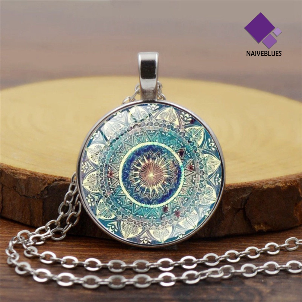 Kalung Rantai Liontin Cabochon Kaca Mandala Gaya Vintage Untuk Wanita