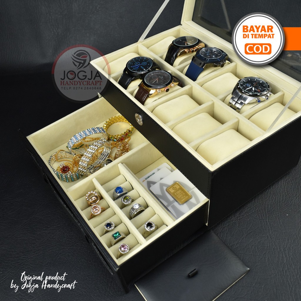 2 Kg - Watch Box Kotak Jam Tangan isi 12 mix Laci Tempat Perhiasan Hitam Cream