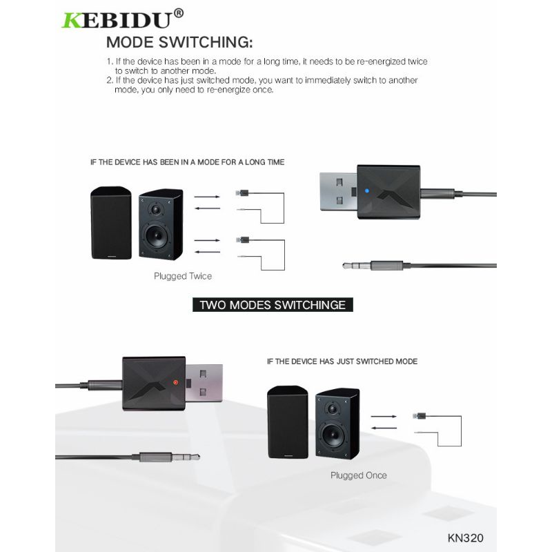 KEBIDU 2 in 1 USB Dongle HiFi Audio Bluetooth Transmitter &amp; Receiver - KN320