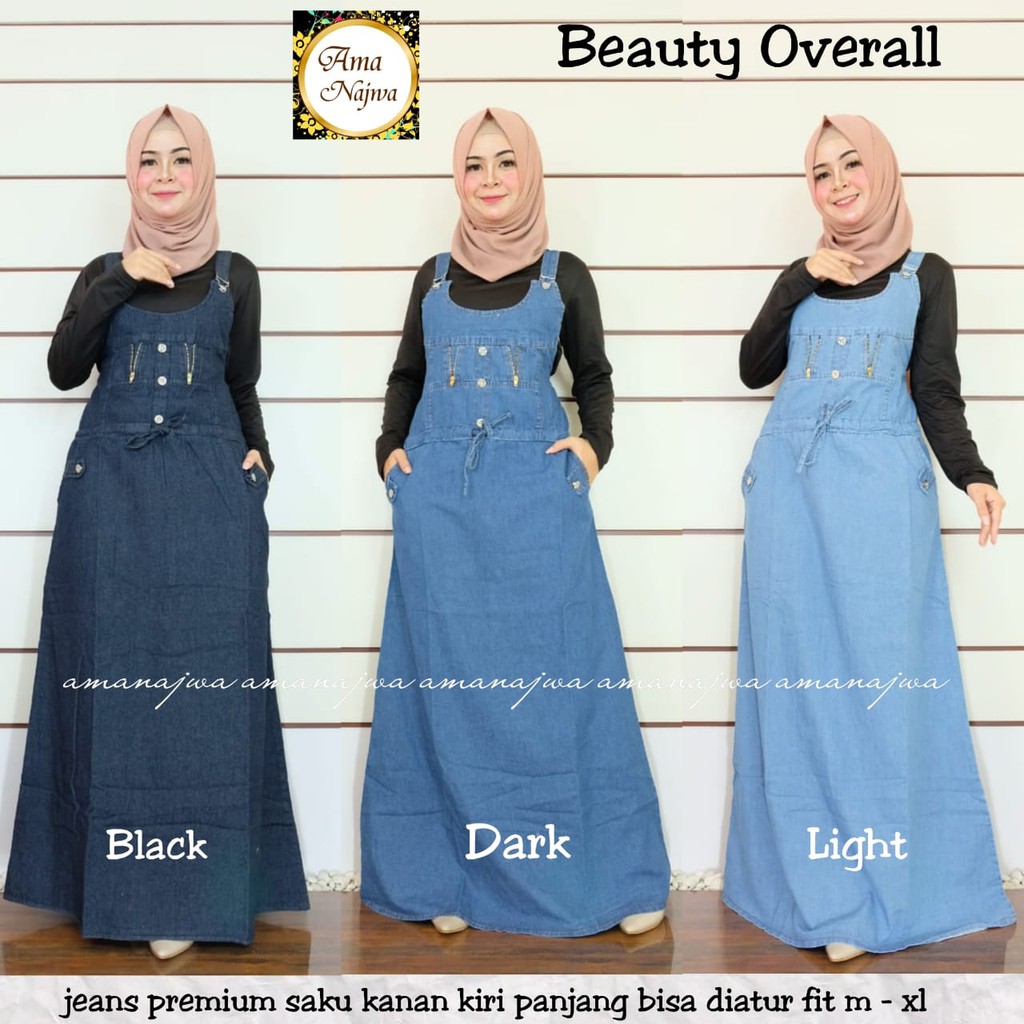 Overall Baju Kodok Panjang Wanita Muslim Model Terkini Tanpa Lengan Bahan Jeans Premium Harga Murah