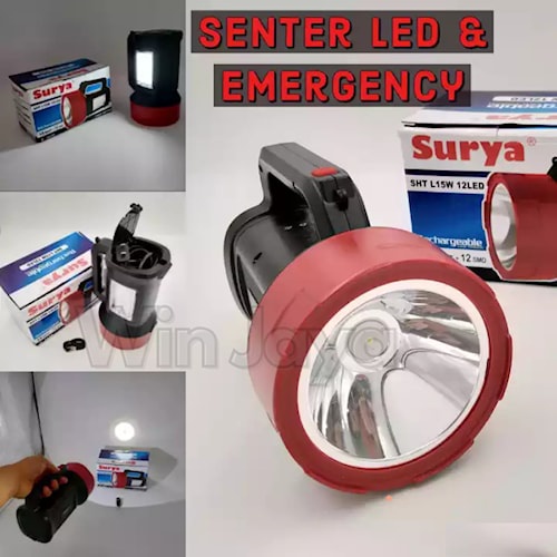 Senter LED emergency surya L15W dengan 12 lampu LED di dalam ya bisa di cas ulang baterai tahan sela