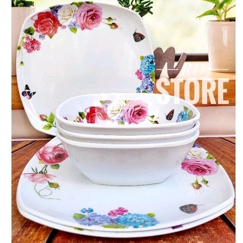 PROMO SET 6.PCS ISI 3.PIRING KOTAK SAJI 3.MANGKOK KOTAK MELAMINE MOTIF ROSE