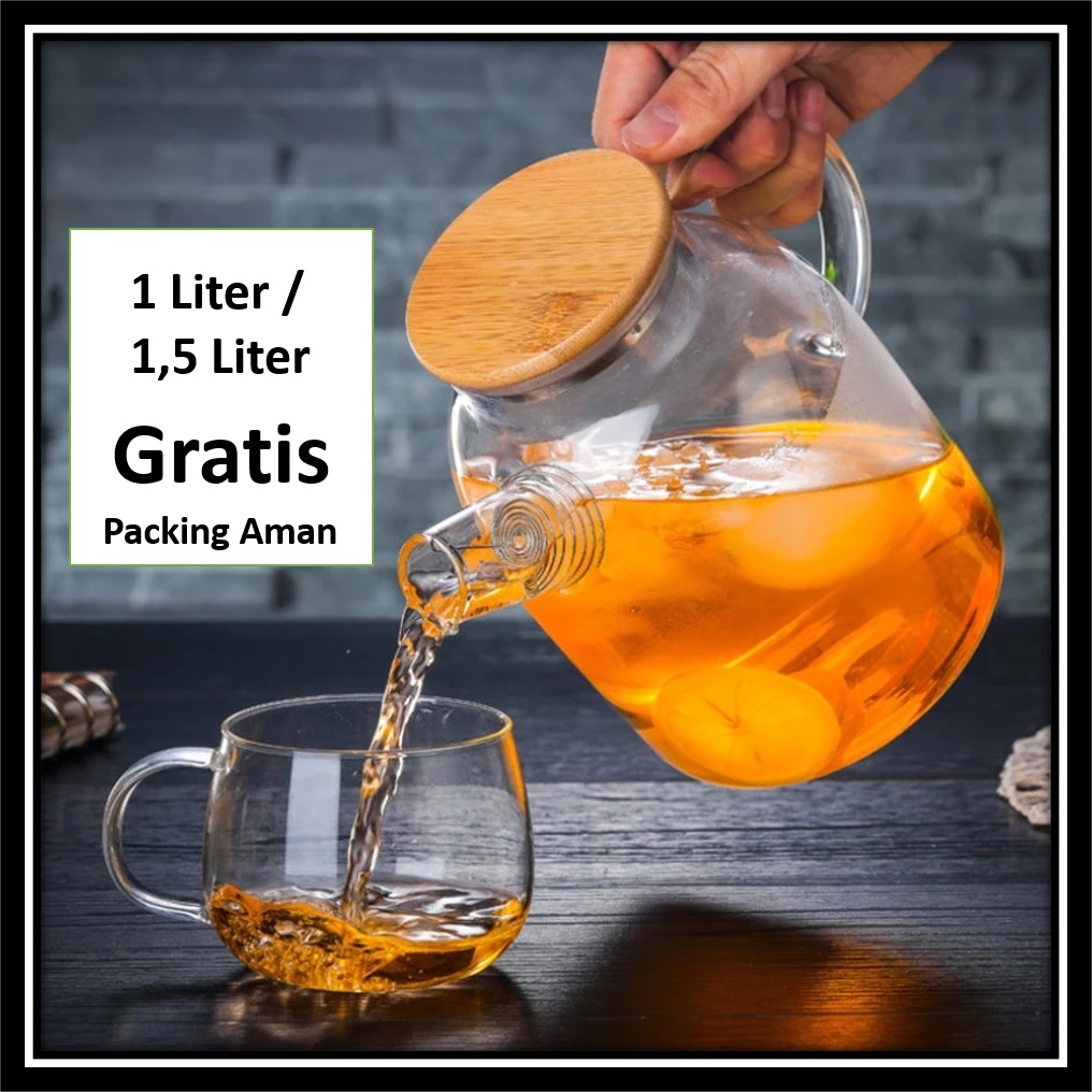 [Tahan Api] Teko Ceret Pitcher Kaca 1.5L Tahan Panas Tutup kayu Pitcher Teh Chinese Teapot Tahan Api