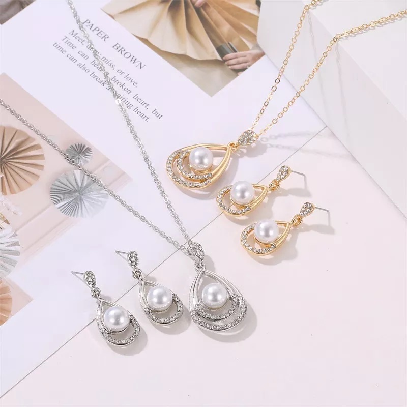 Set Kalung Anting Mutiara Wanita Korea Model Tetesan Air Fashion Aksesoris Dalika