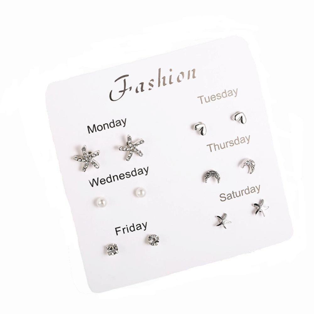 Timekey 6 Pasangset Anting Tusuk Silver Wanita Hias Berlian Imitasi Gaya Korea Untuk Hadiah A6K4