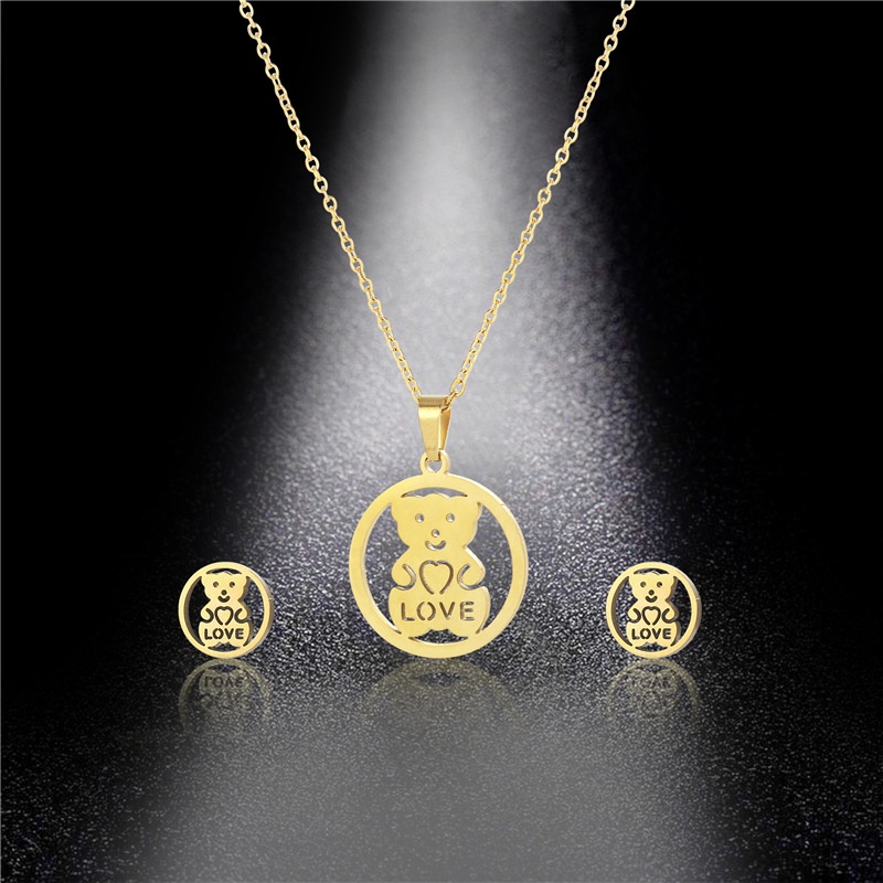Enxi Jewelry Set Kalung Antting Titanium Anti Karat Wanita Liontin beruang Perhiasan Aksesoris 1228S04