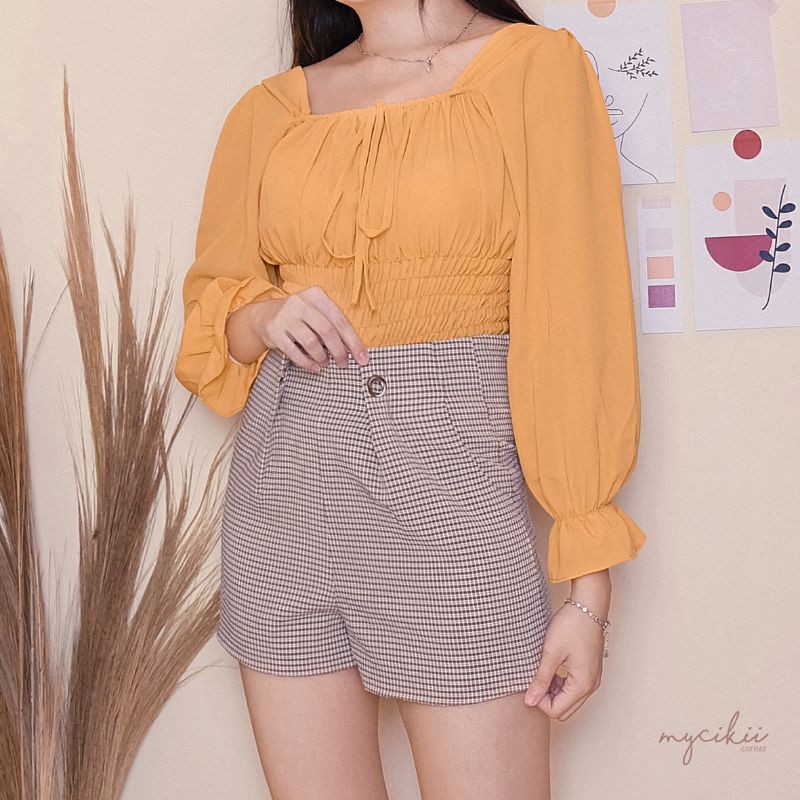 MyCikii Set Babydoll Pita & Square Short Pants / setelan import celana pendek kotak-kotak / setelan 