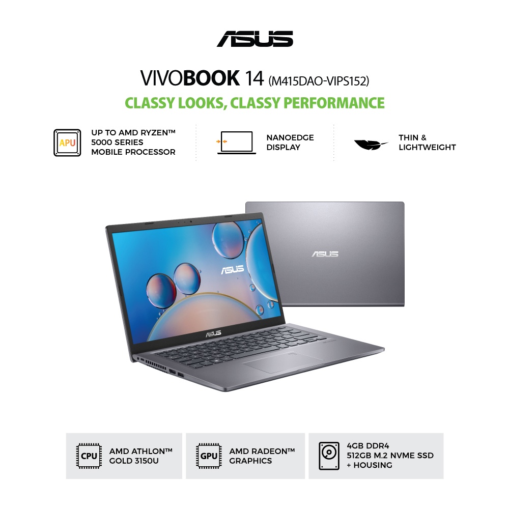 Asus M415DAO-VIPS152 Grey [Athlon 3150U|RAM 4GB|SSD 512GB|Win|OHS]