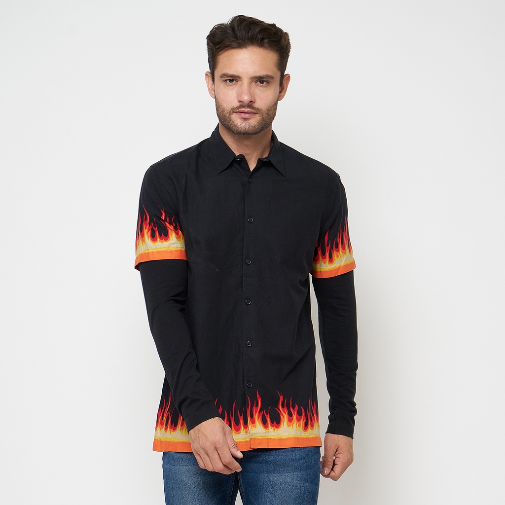 FSBN Kemeja Long-Sleeved Shirt Fire Black Print Viscose Original