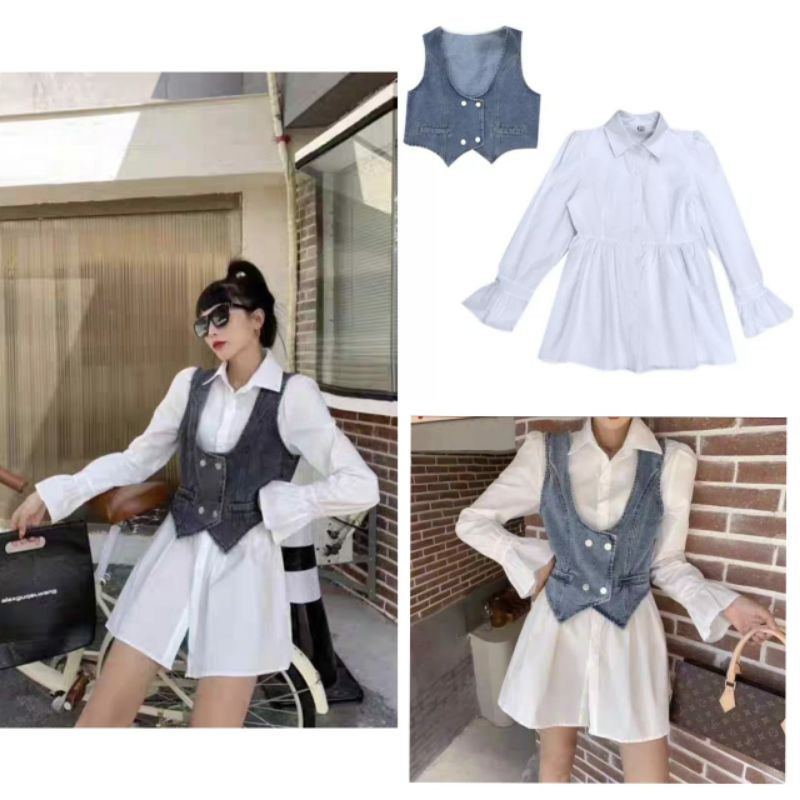 One set kemeja vest denim premium