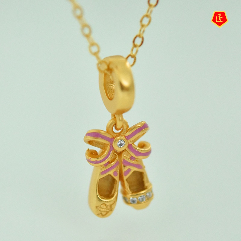 [Ready Stock]Fashion Creative Ballet Shoes Jeweled Pendant Pink Bow Gold Necklace Lucky Beads