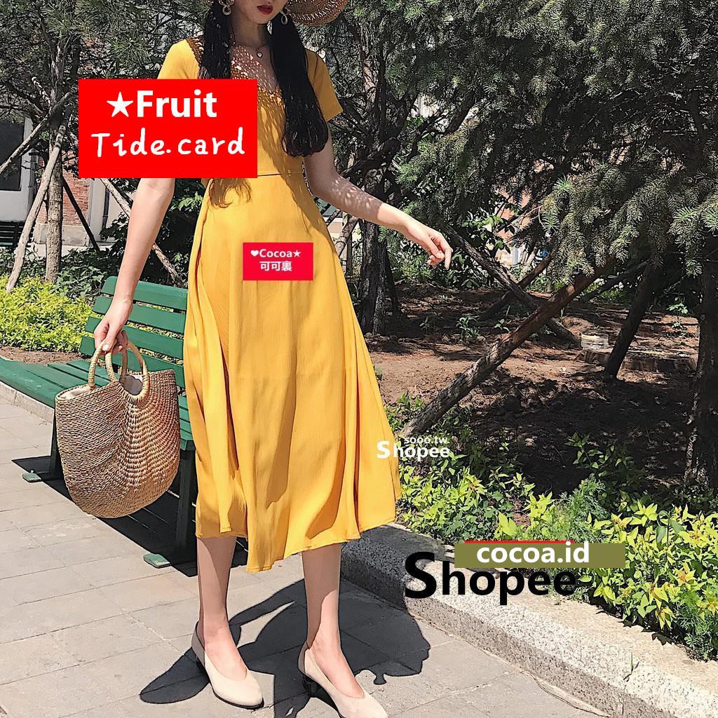 Dress Midi Swing V-Neck Lengan Pendek Aksen Pinggang Terbuka Gaya Chic Korea untuk Wanita