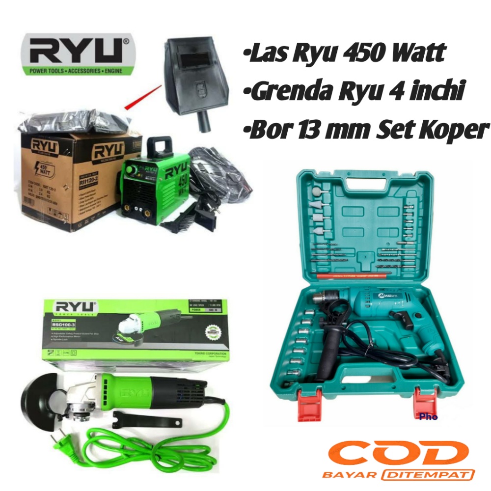 PAKET HEMAT!!! MESIN LAS LAKONI  BASIC 450 WATT GERINDA RYU DAN BOR RYU 1O MM BOLAK BALIK