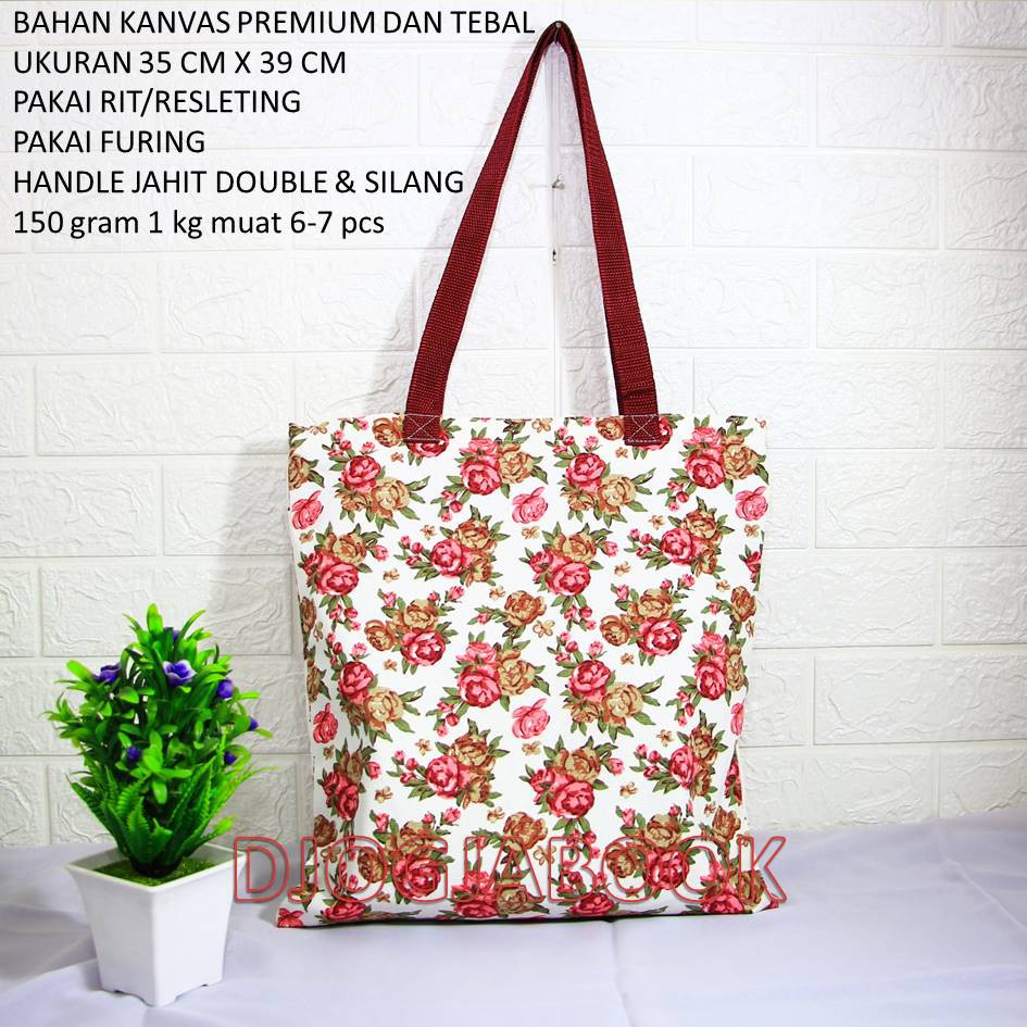 TAS KANVAS TOTEBAG KANVAS MOTIF BUNGA MAWAR / DJOGJABOOK