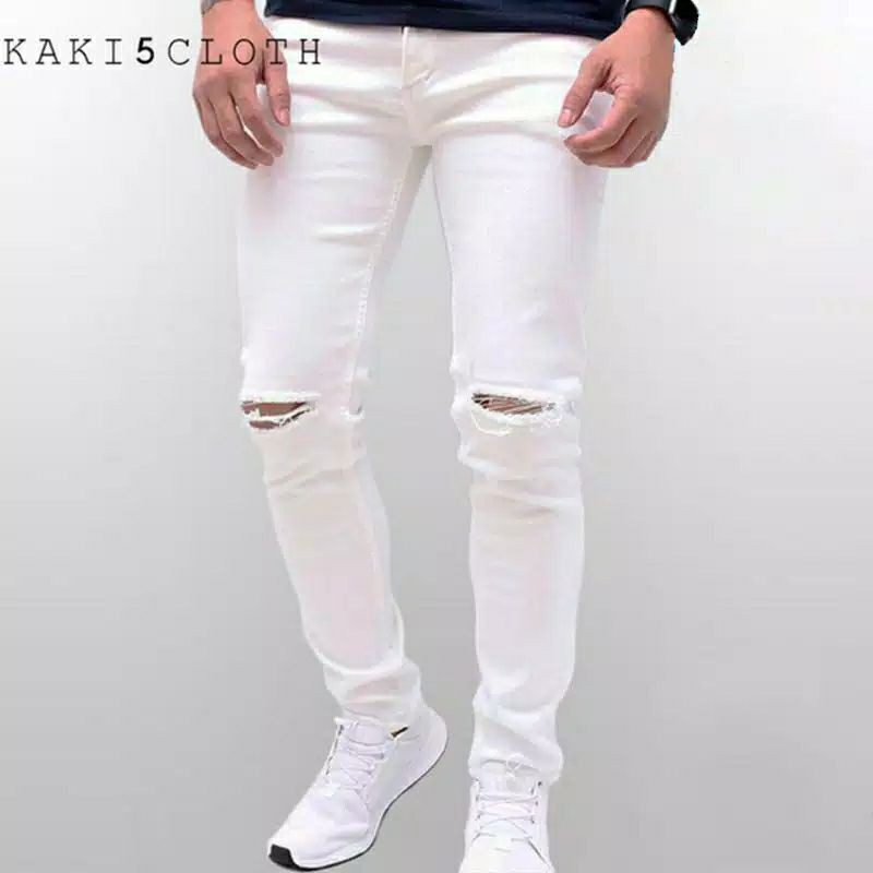 celana sobek celana pria  skinny celana putih lutut sobek