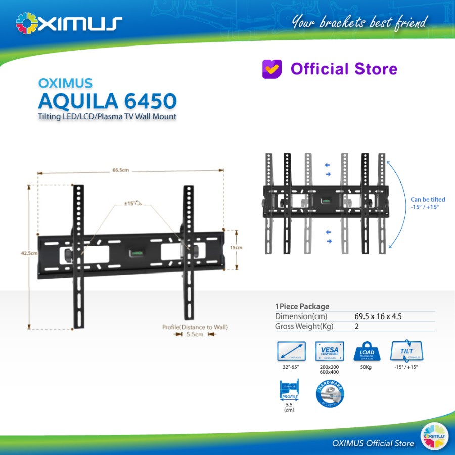 BRACKET TV LED LCD MONITOR 32&quot;- 65&quot; OXIMUS AQUILA 6450 WALL MOUNT TILT