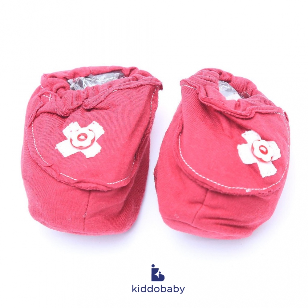 Cribcot Booties w Ribbon - Red &amp; Broken White