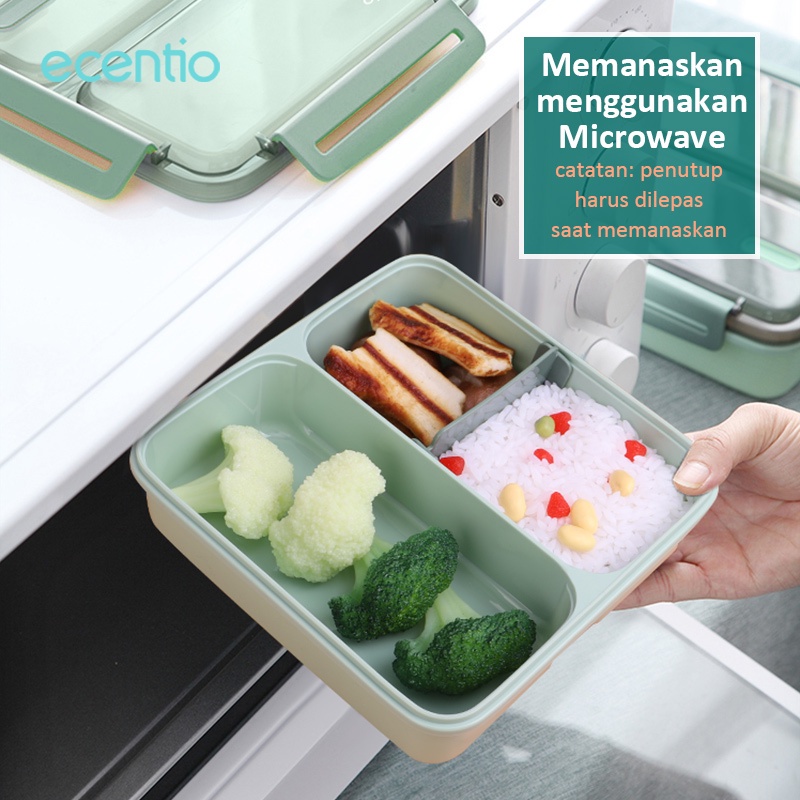 ecentio &amp; FOODI 1100ml 3 Sekat Kotak Bekal Makan Hijau/Biru Siang Lunch Box anti tumpah Free Sendok Sumpit Portable tempat makanan