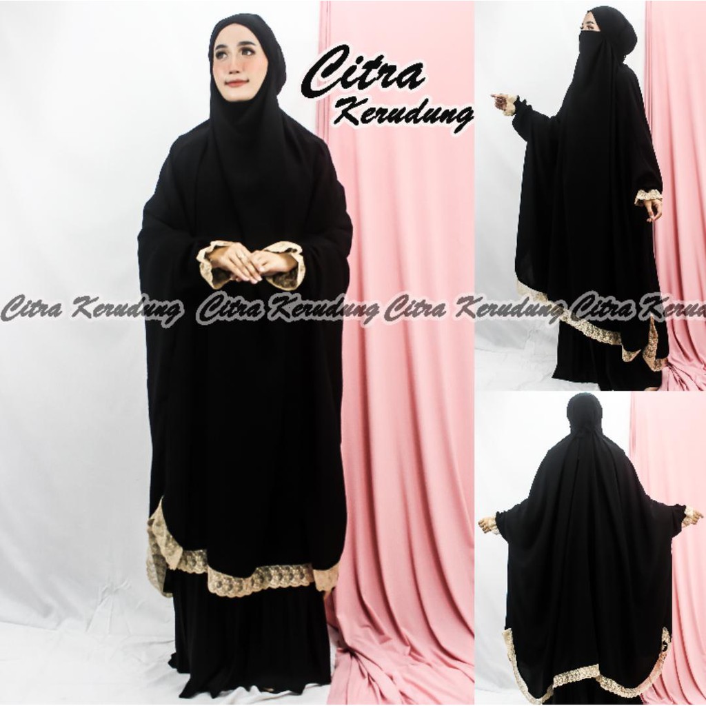 French Khimar Jumbo Jetblack variasi Renda di tangan dan Renda Keliling dilengkapi Cadar Non Pad