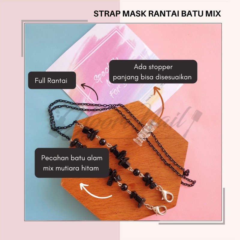 strap masker kalung fashion rantai 2in1 crystal hitam putih strap mask mutiara pearl white