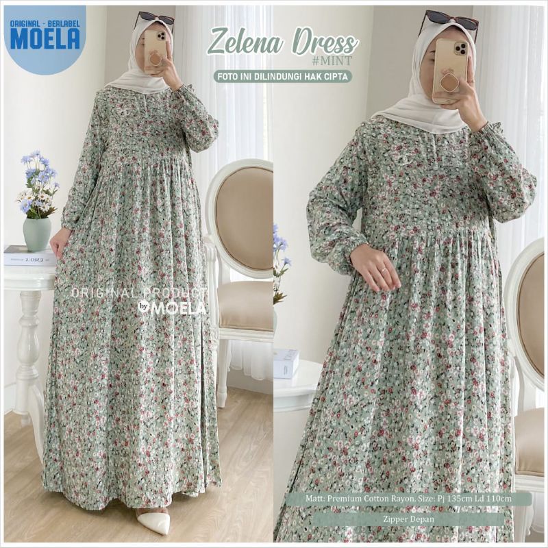 Zelena Yelan Bifia Jasmi Dress Gamis Original Ori Moela Berlabel Jumbo Allsize Busui Premium Catton Rayon-Zelena mint