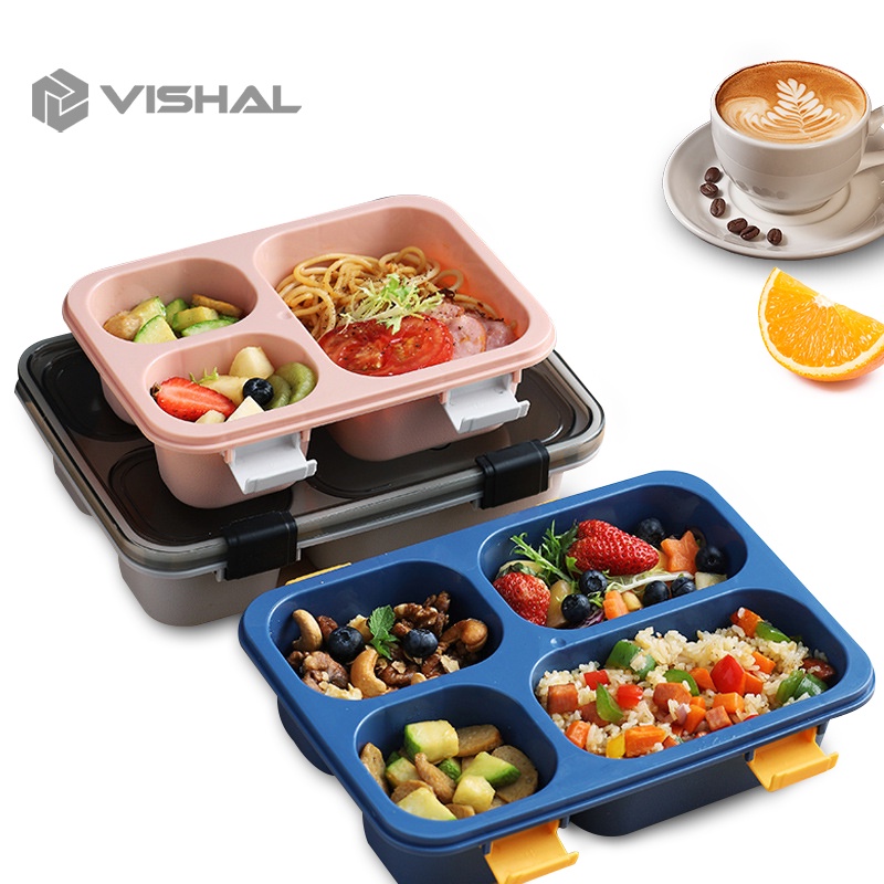 VISHAL 1250ml Kotak Makan 4 Grid Dengan Dengan Kotak Sup Dan Sendok Gratis Anti Tumpah Berbahan