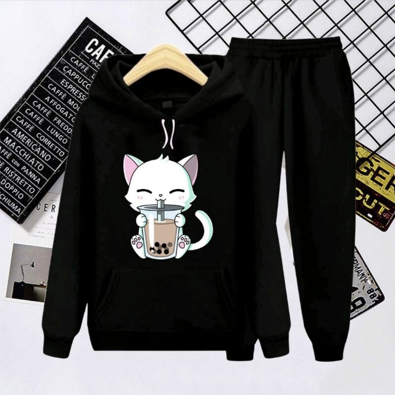 setelan sweater hoodie kitten Boba/setelan hoodie anak kekinian Boba cat/umur 3-16 tahun