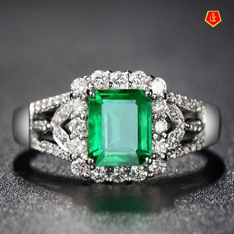 [Ready Stock]Luxury High-End Inlaid Emerald Open Ring for Women