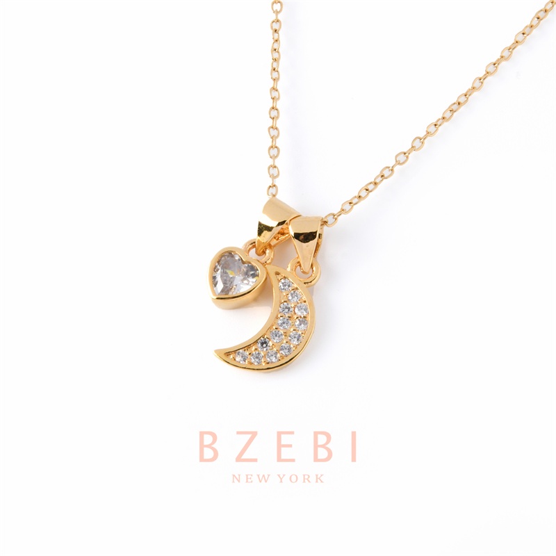 Bzebi Kalung Rantai Titanium Steel Lapis Emas 18k Liontin Hati / Bulan Sabit + Berlian Imitasi 991n