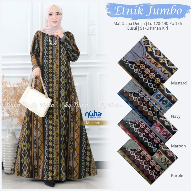 TERBARU GAMIS ETNIK JUMBO BUSUI BAHAN DIANA DENIM, LD.120-140 PB.136, by NUHA
