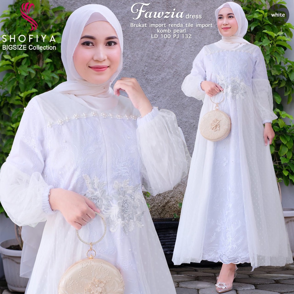 FAWZIA DRESS WHITE SERIES PREMIUM ORIGINAL SHOFIYA// DRESS BRUKAT// GAMIS LEBARAN// GAMIS PUTIH