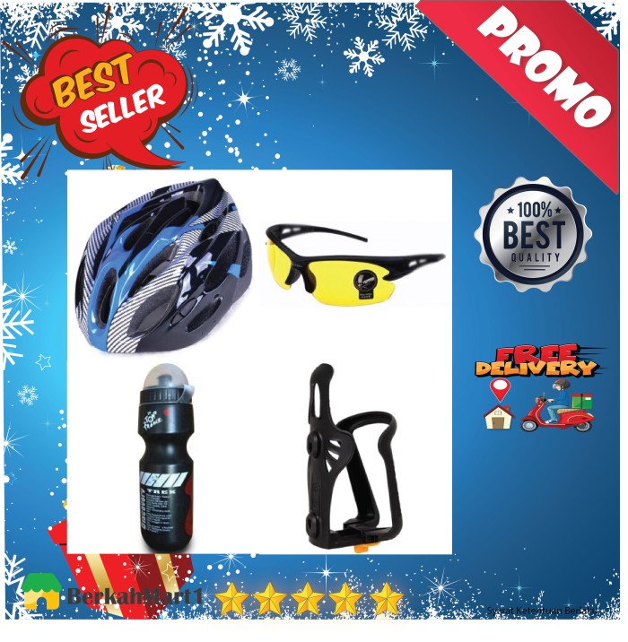 DISKON! Helm Sepeda MTB Gunung PVC + KACAMATA + HOLDER+ BOTOL MINUM