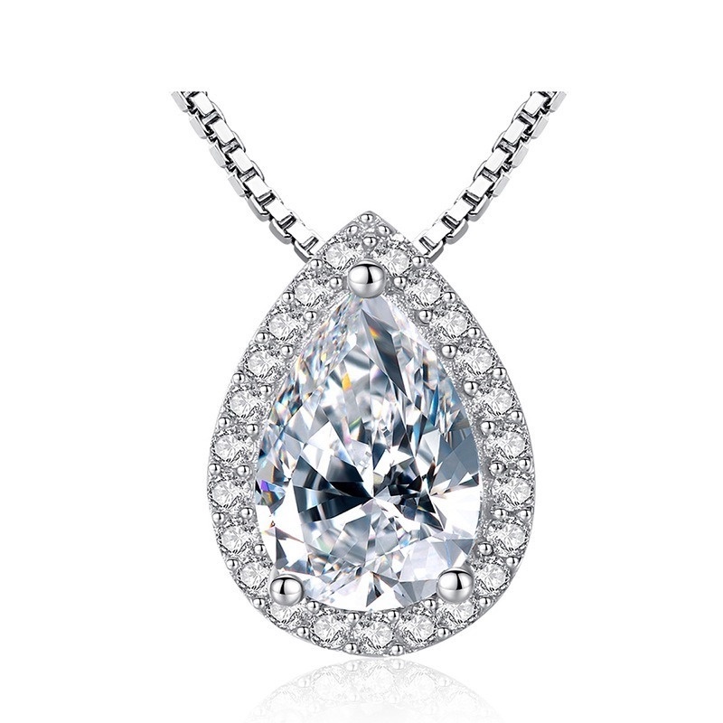 [Ready Stock]Fashion Plated S925 Sterling Silver Water Drop Pear-Shaped Pendant Diamond-Studded Necklace