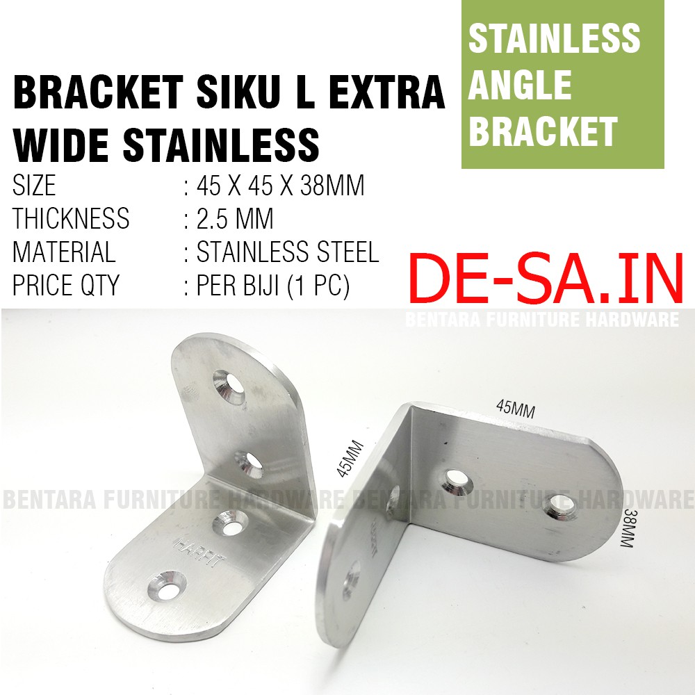 Harfit 45MM Siku Lebar Stainless Steel Braket Siku 45 x 45 x 38 MM - L-Shaped Angle Bracket Rak Ambalan (4.5 x 4.5 x 3.8 CM)