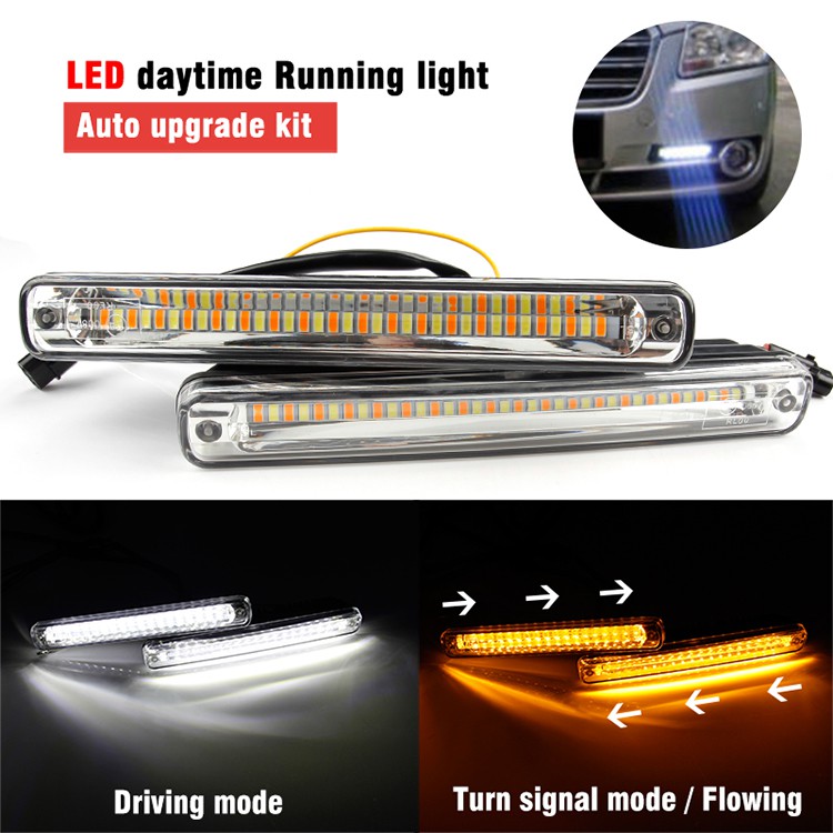 2Pcs Mobil Lampu LED Lampu Siang Hari Berjalan Lampu Tahan Air Warna Ganda Putih Amber Auto DRL Lampu Sein 12V