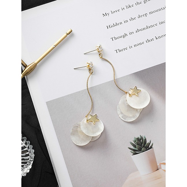 LRC Anting Tusuk Fashion White 925 Silver Needle Zircon S-star Shell Veneer Tassel Earrings F88955