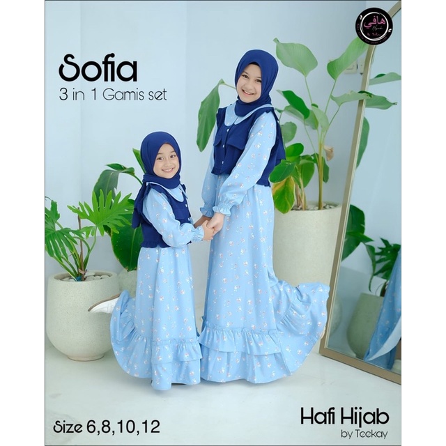 Gamis Set Sofia Anak Perempuan - Dress Jilbab 3 in 1 Cewek Lucu Nyaman - Dres Panjang Hijab Khimar Usia 6 8 10 12 Tahun